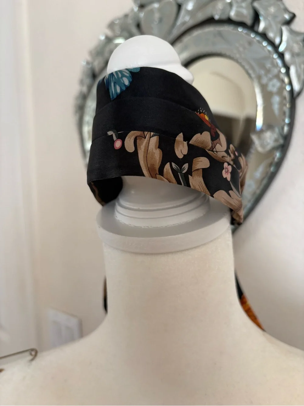 Eugenia Kim Black Silk Scarf with Beige Floral & Orange Butterfly Motif